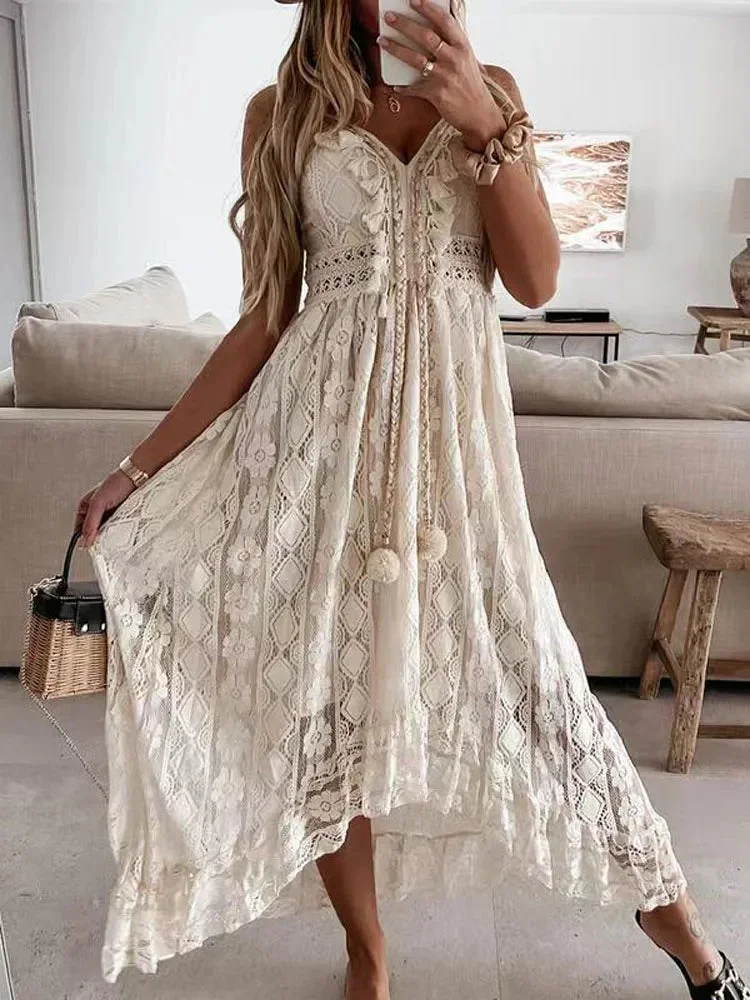 Huiketi Lace White Dress For Woman Beach Slip Robe Summer Loose Holiday Sexy Party Dresses 2024 Solid Color Beachwear Cover Up
