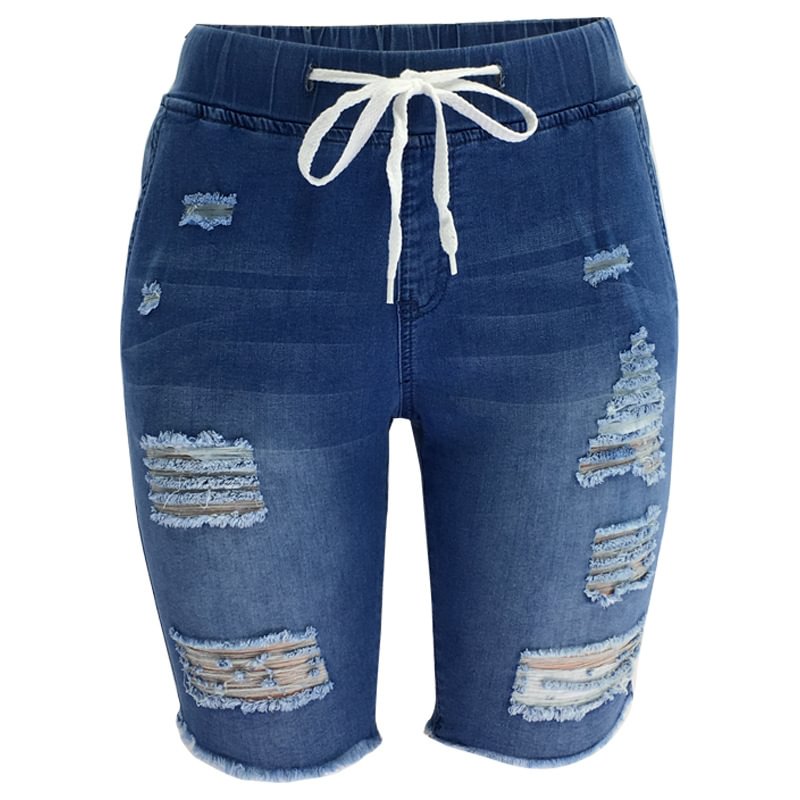 Ripped Mid-waist Elastic Medium Blue Jeans Mid-length Pants