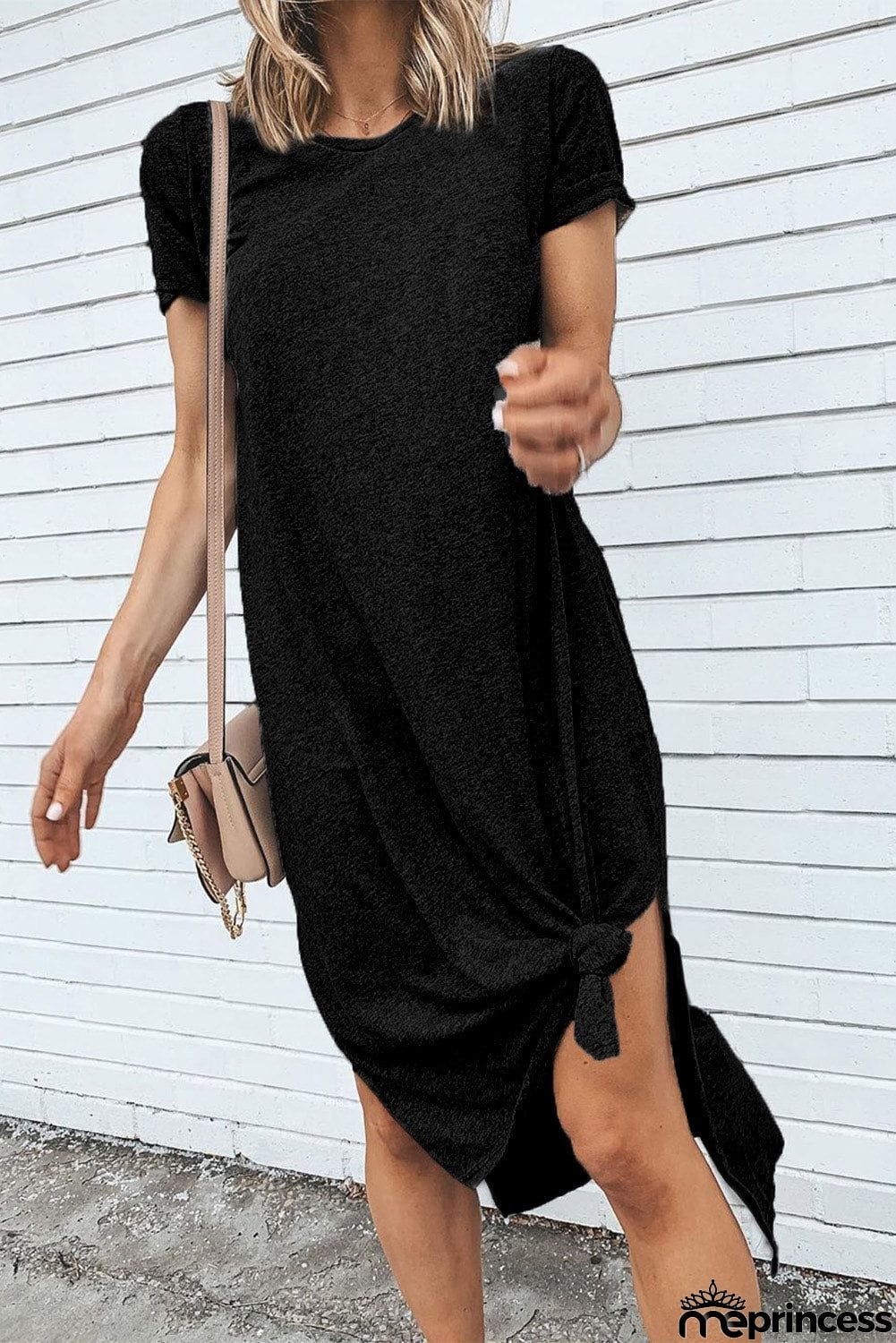 Casual Short Sleeve T-shirt Midi Dress with High Splits