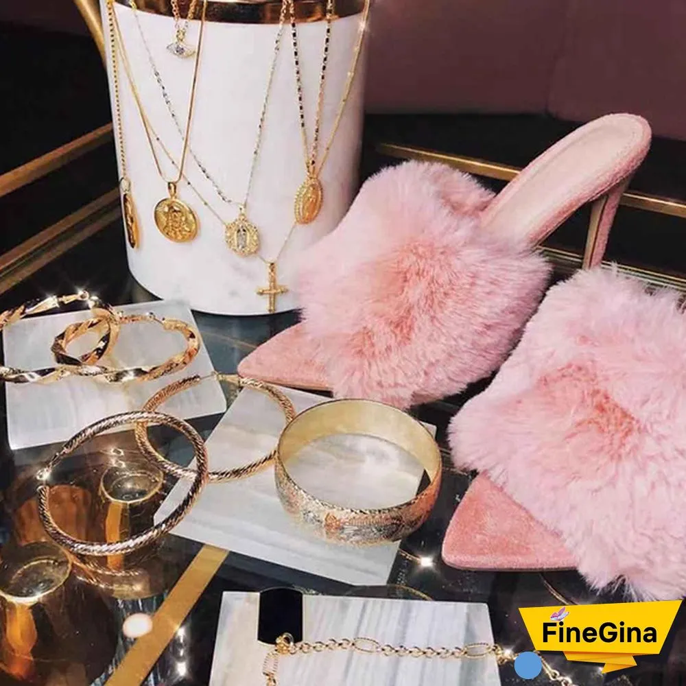 Women Shoes Rabbit Fur High Heel Sandals Slippers Luxury Sandals