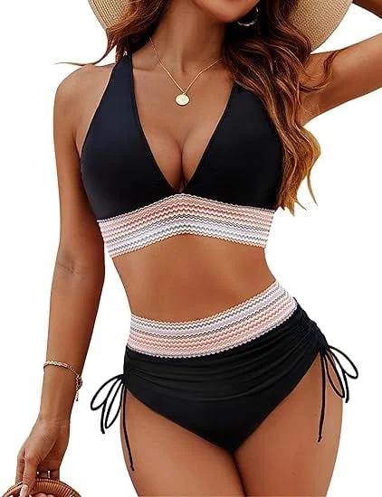 ✨👙High Waisted Tummy Control Colour Block Bikini Sets