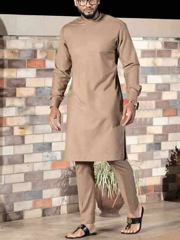 Men's fashion casual khaki printed long sleeve two-piece set
