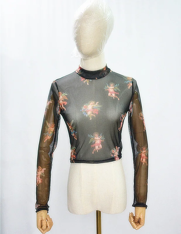 Uveng Uveng Women's Mesh Hollow Out Butterfly Print Long Sleeve Crop Short T-Shirt Bottom Shirt Women