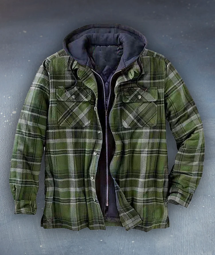 Men's thick cotton-padded jacket for autumn and winter, plaid long-sleeved loose-fitting hooded jacket