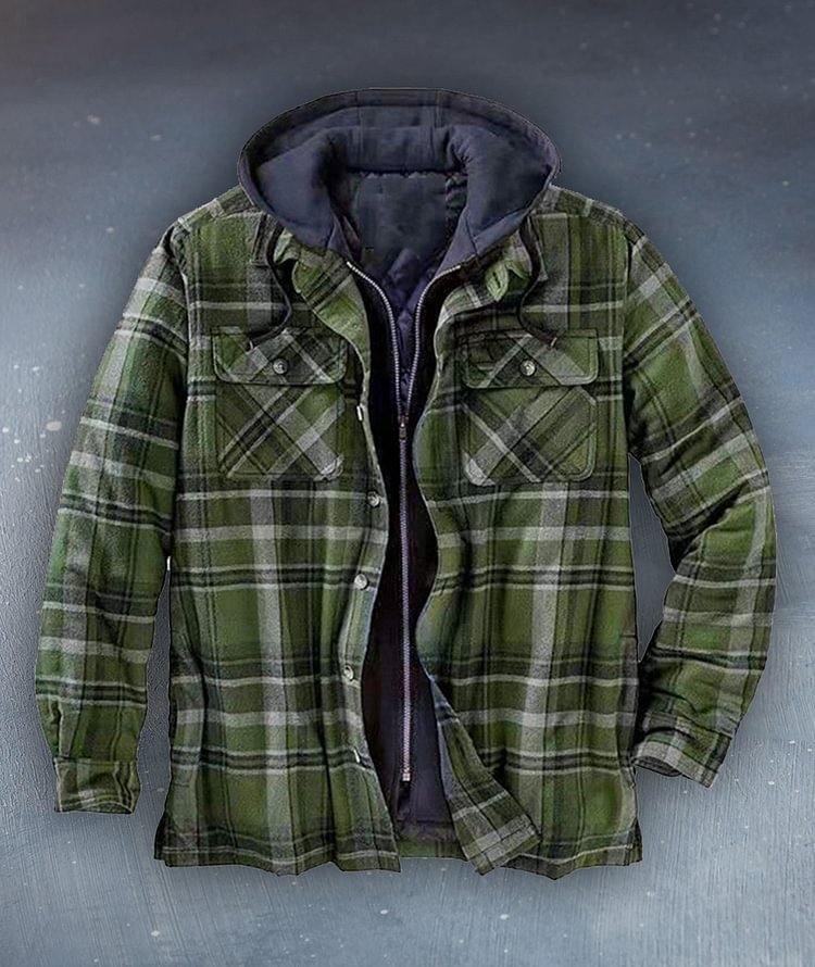 Men's thick cotton-padded jacket for autumn and winter, plaid long-sleeved loose-fitting hooded jacket