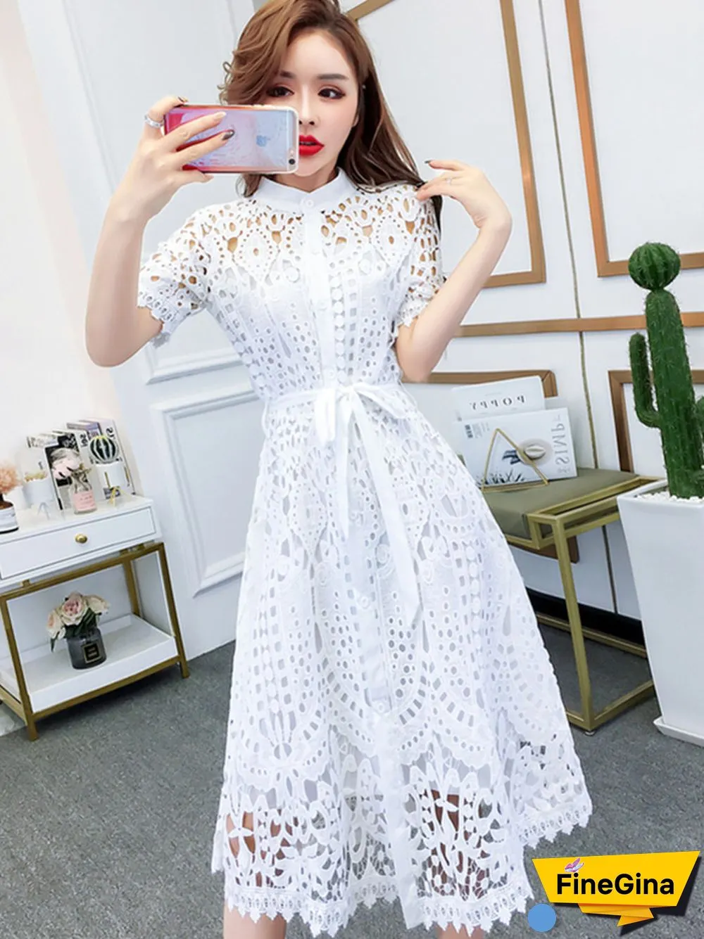 SMTHMA New Spring / Summer Runway Women's Clothings Pleated Stand Collar Short Sleeve Single Breasted Polka Dot Lace Dress
