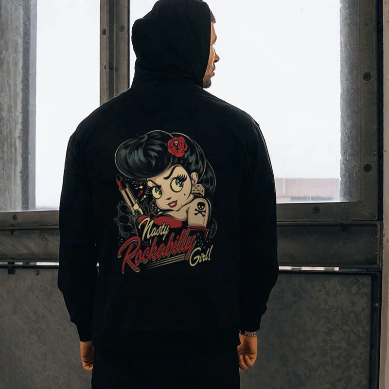 Nasty Rockabilly Girl Sexy Graphic Casual Black Print Hoodie