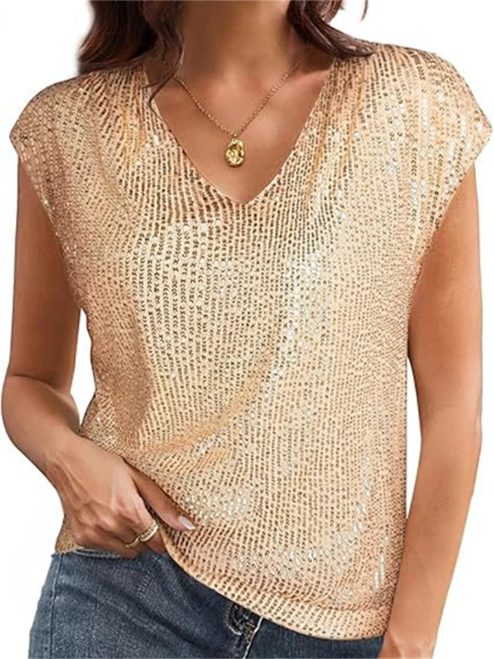 Women's V-neck Sequin Short Sleeve Glitter Undershirt Short Sleeve Shirt