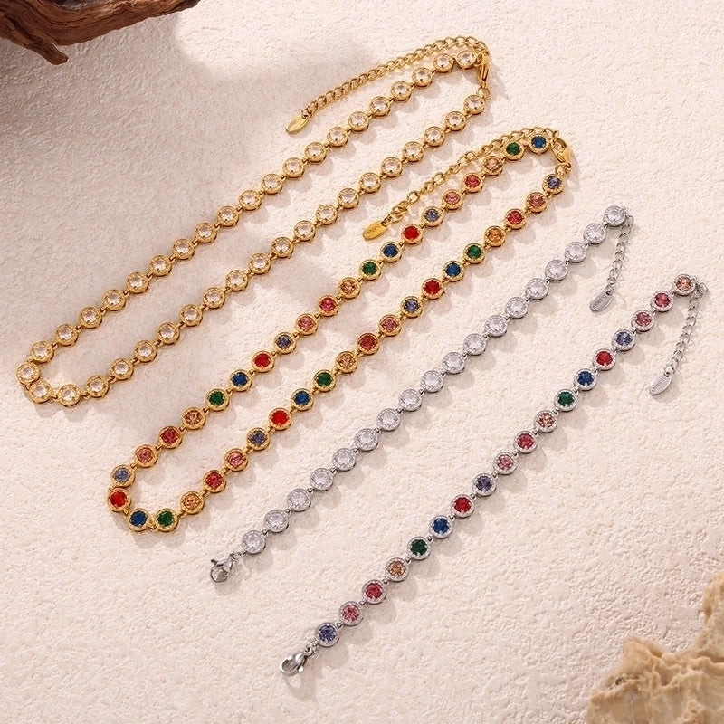 New Arrival Titanium Steel Full Diamond 3A Zircon Mixed Color Bracelet PVD Vacuum Electroplating Non-Fading Necklace Jewelry Suit