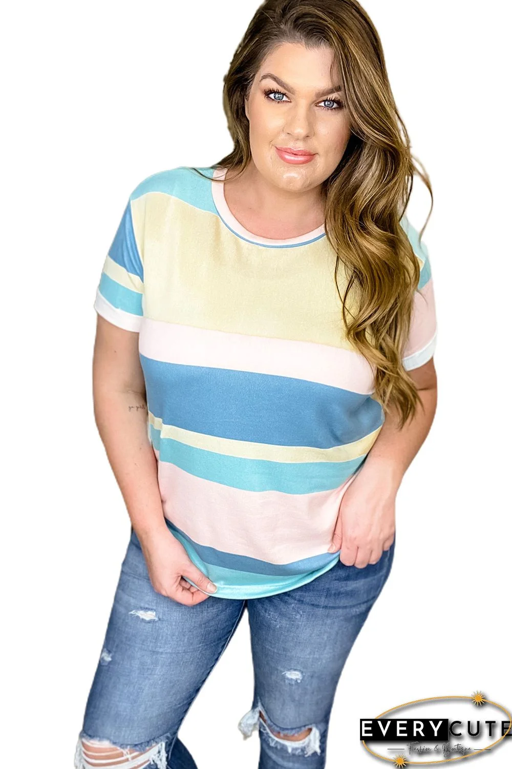 Plus Size Short Sleeve Striped Knit Top