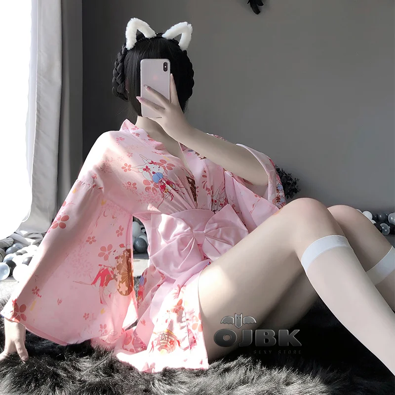 Billionm Japanese Kimono Sexy Cosplay Uniform For Women Soft Silk Belt 3pcs Set Red Pink Traditional Style Robe AV Costumes Pajamas 2020