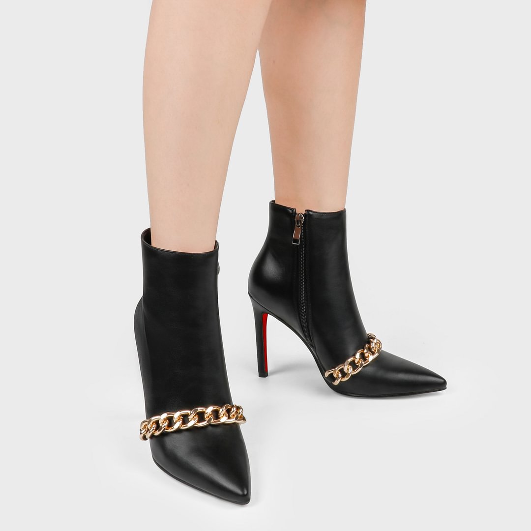 Women's Closed Pointed Toe Chain Studded Stiletto Ankle Boots Red Bottom Heels-MERUMOTE