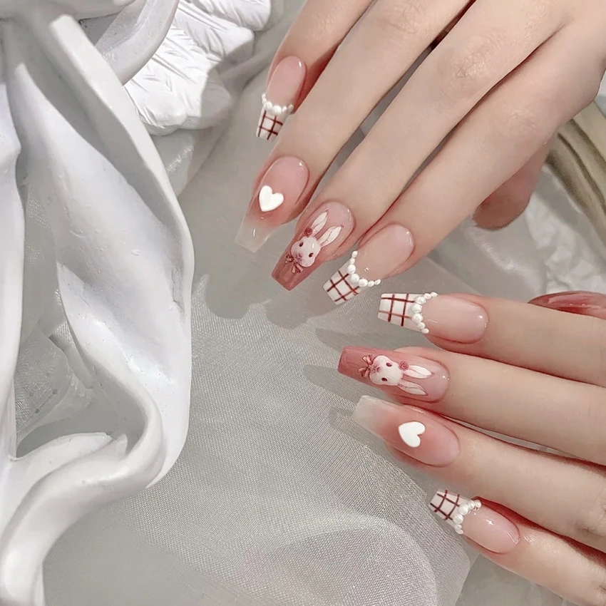 Bayuyun 24Pcs/Set Coffee Leopard French Fake Nails with Diamonds Japan Korean Artificial Acrylic Press on Nails Removable Stick on Nails