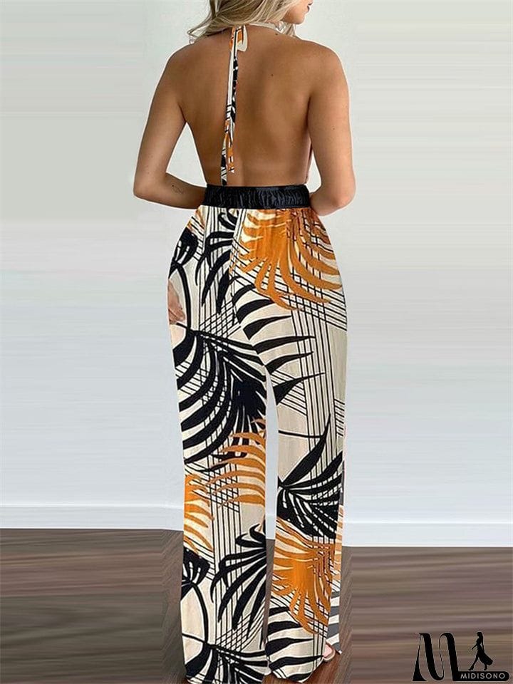 MidiSono - Women's Sexy Backless Digital Print Halter Side Slit Jumpsuit