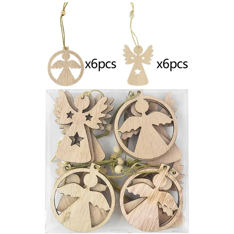 12pcs/box Christmas Wooden Pendants Xmas Tree Hanging Ornaments DIY Wood Crafts For Home Christmas Party New Year Decorations