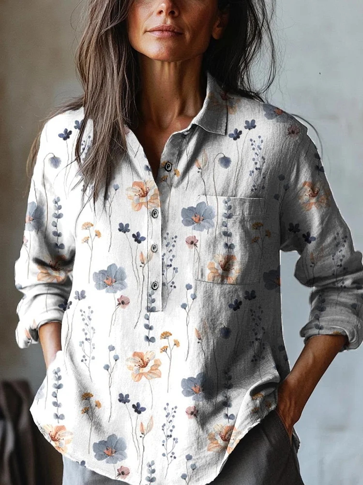 Women's Lovely Floral Art Print Casual Cotton And Linen Shirt
