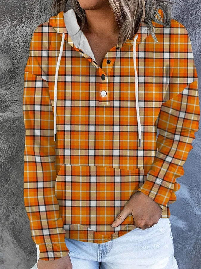 Women's Autumn Thanksgiving Plaid Print Button Hoodie