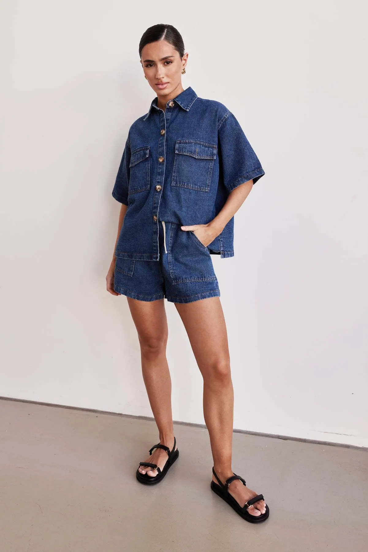 Retro Casual Loose Pockets Short Sleeved Shirt Shorts Denim Two Piece Sets