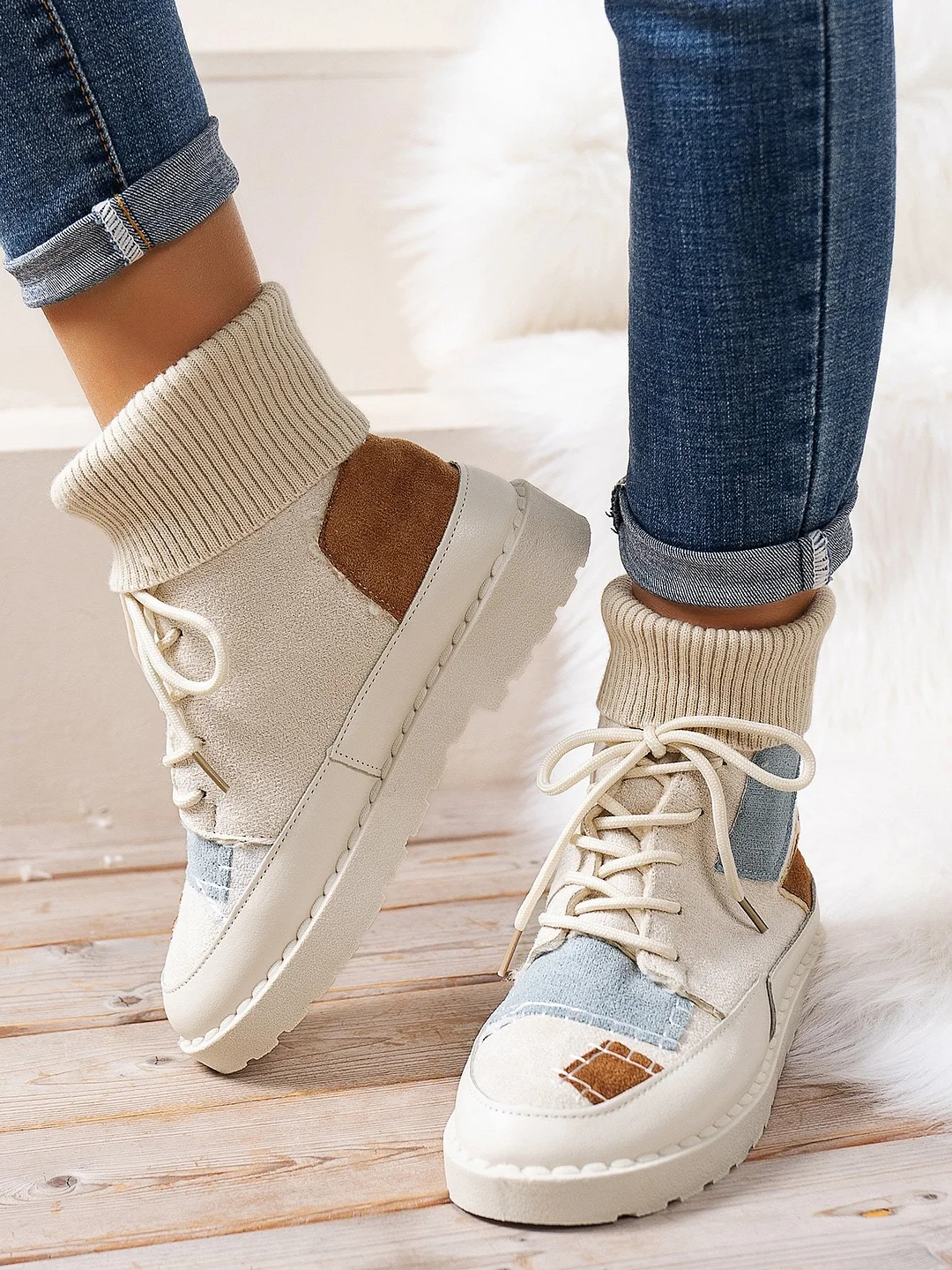 Color Block Patch Decor Lace-up Front Slip On Boots