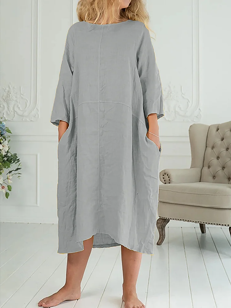 Women's Cotton Linen Dress Crew Neck Loose Linen Dress