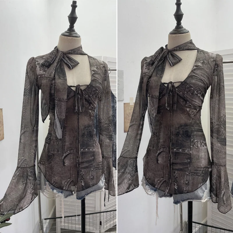 Nigikala Nigikala Hollow Tying With Low-Necked Bow Ribbon Dizzy Red Elastic Mesh T-Shirt Top 8036