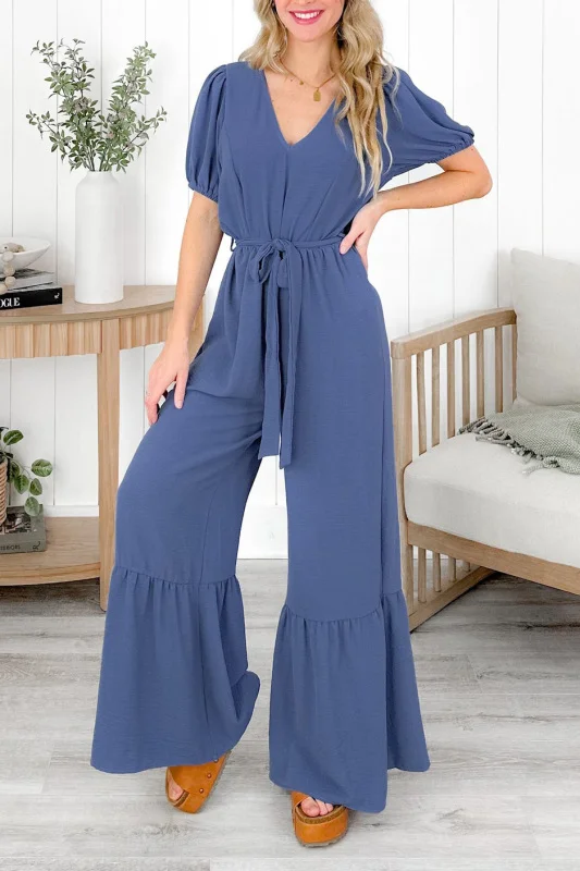 Solid color V-neck lace-up ruffle short-sleeved jumpsuit