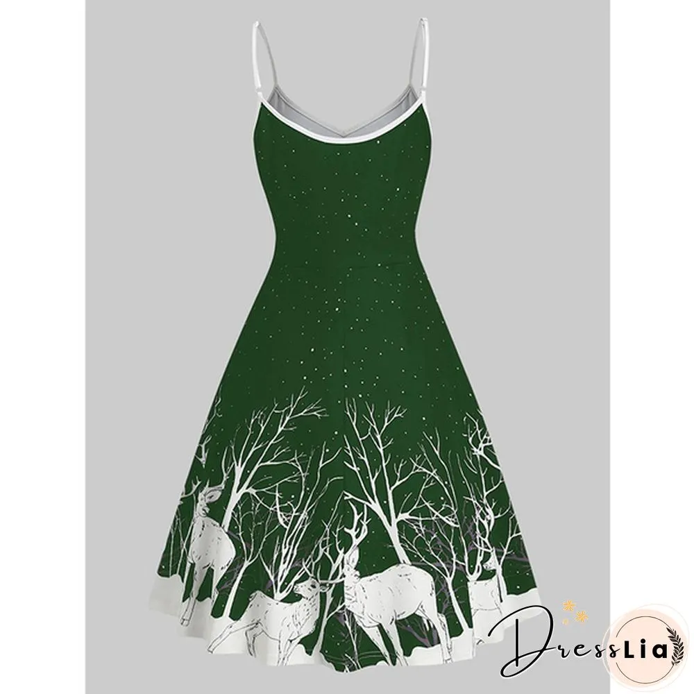 Christmas Deer Print Spaghetti Strap Dress Fashion Print Skater Dresses