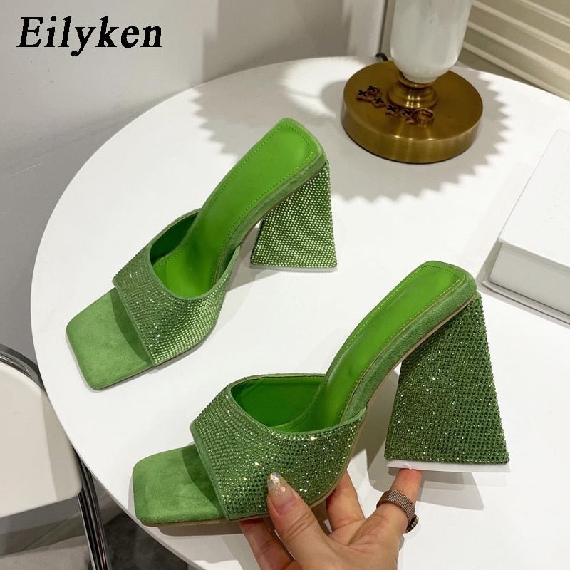 Eilyken 2022 New Summer CRYSTAL Triangle Thick heel Slippers Sexy Street Woman Square toes Dress Party shoes size 35-41