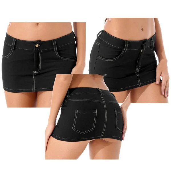 Women's Summer Low Waist Black Denim Skirt Denim Short Mini Jeans Skirt With Pockets