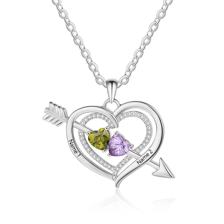 Cupid Arrow Heart Birthstone Necklace Personalized with 2 Stones Love Necklace Engraved 2 Names