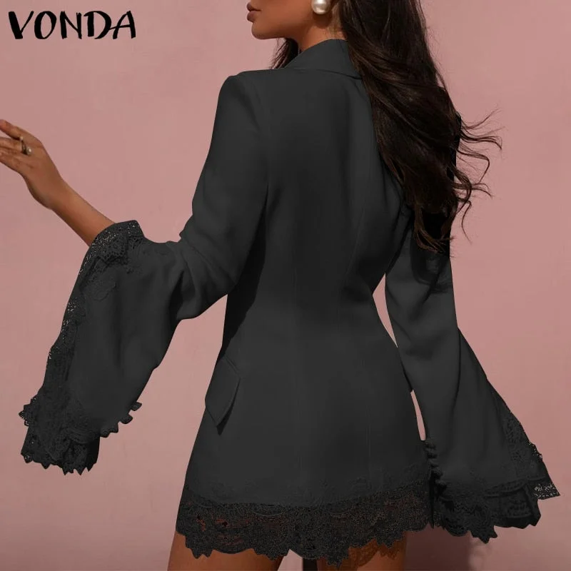 2022 VONDA Women Autumn Long Sleeve V Neck Lace Lapel Suit Blazer Casual Ol Style Blazer Coat Loose Lace Patchwork Print Coats