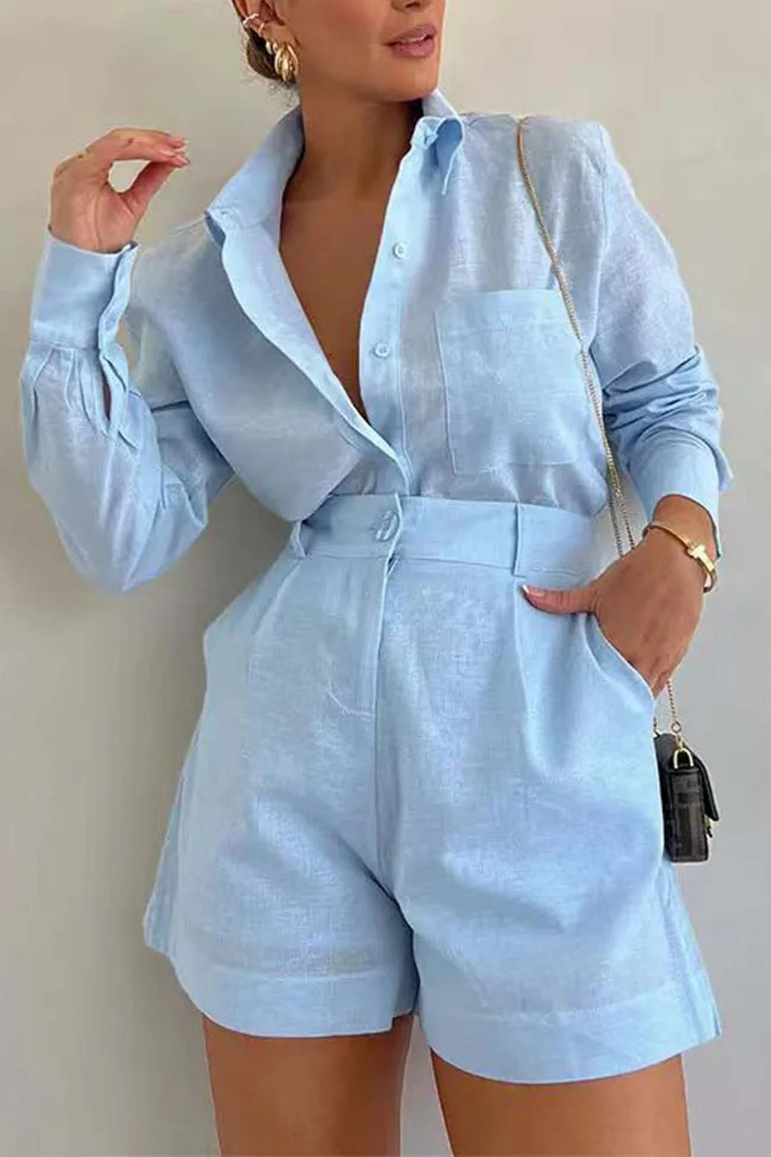 Solid Color Shorts Long Sleeve Shirt Suit