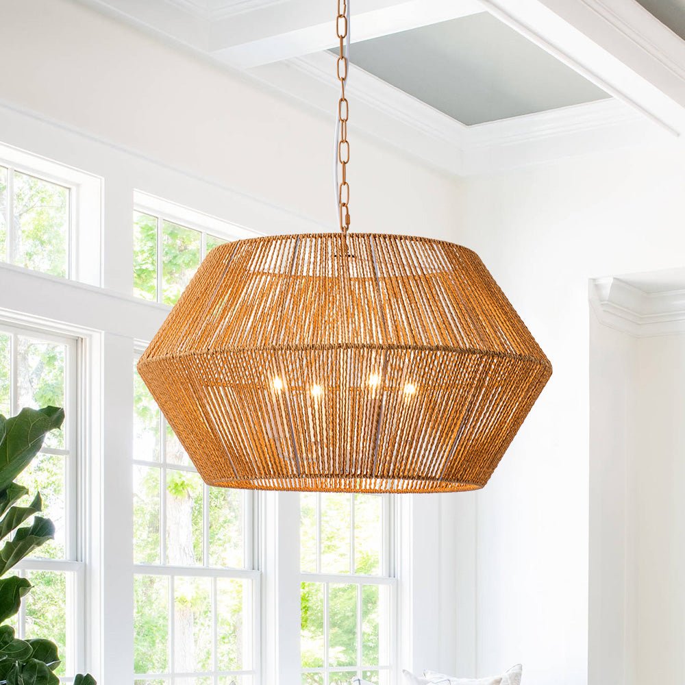 4-Light Bohemian Brown Rope Wide Cage Pendant Light