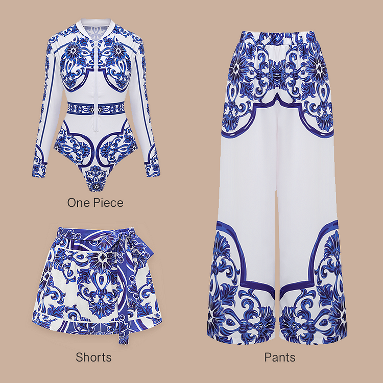 Surfing Wetsuit Classic Majolica Series Pattern Print One Piece Swimsuit and Pants or Shorts