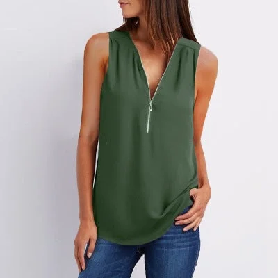 V-neck zipper sleeveless loose chiffon tank top