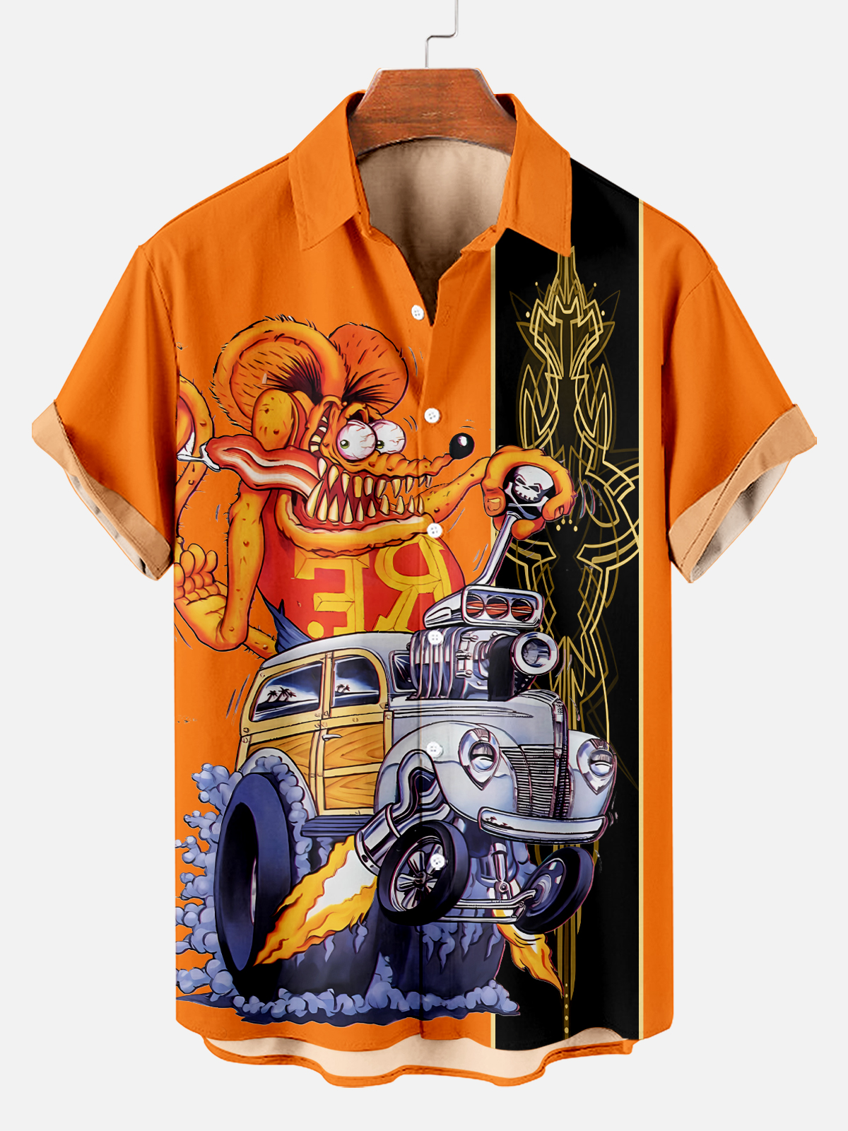 Men's Retro Modified Car Culture Pinstripe Pattern Short Sleeve Shirt PLUSCLOTHESMAN