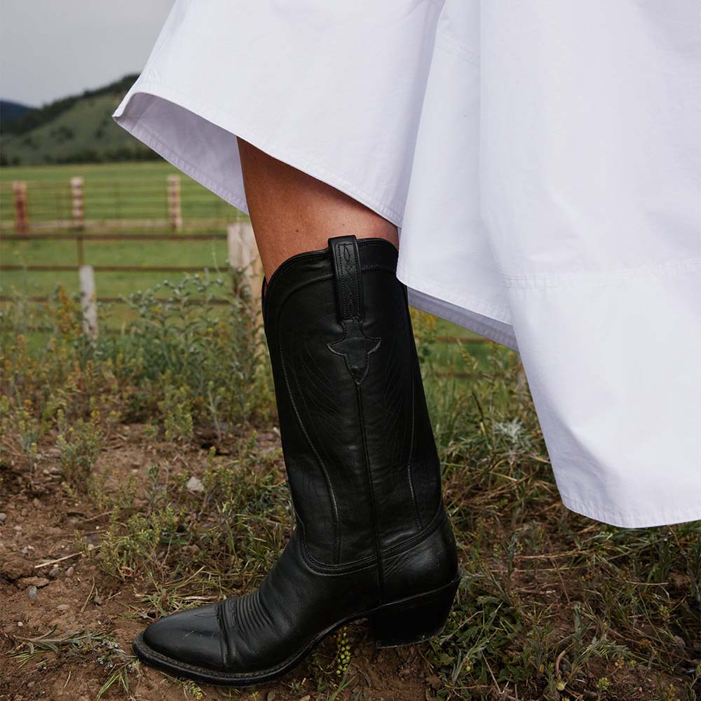 Black Vegan Leather Closed Toe Chunky Heel Mid Calf Cowgirl Boots Nicepairs