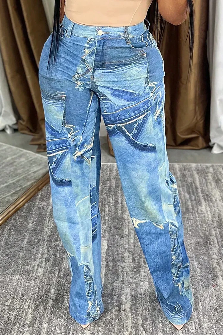 Imitation Denim Print High Waist Straight Leg Pants-Blue