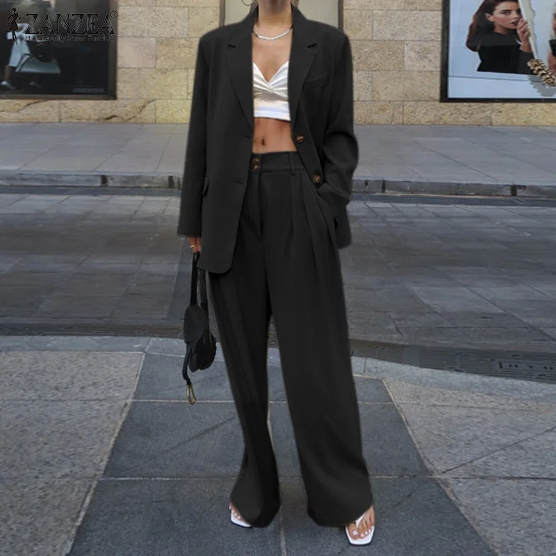 Two Piece Sets Womens Outifits ZANZEA Spring Urban Tracksuit Elegant Blazer Suits Fashion Long Sleeve Tops Wide Leg Pants Sets