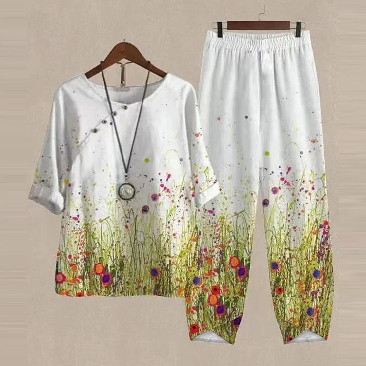 Loose Floral Print T-Shirt Two-Piece Set