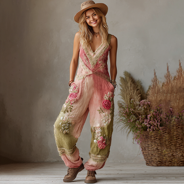 VChics Love & Health Collection Retro Western Women Style Vintage Rose And Floral Patchwork Art Cotton Linen Jumpsuit