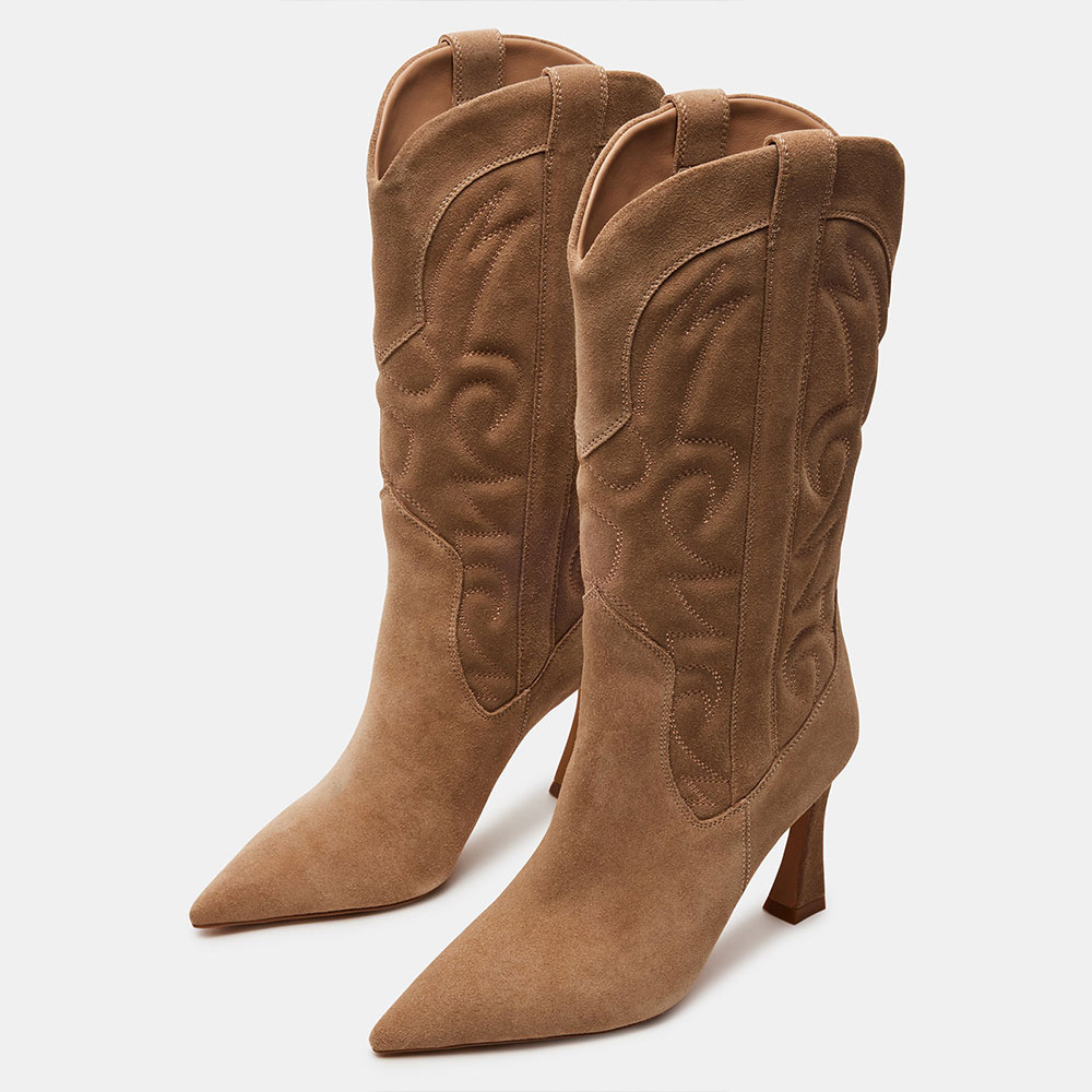 Brown Pointed Toe Flared Heel Mid-Calf Embroidered Cowgirl Boots Nicepairs