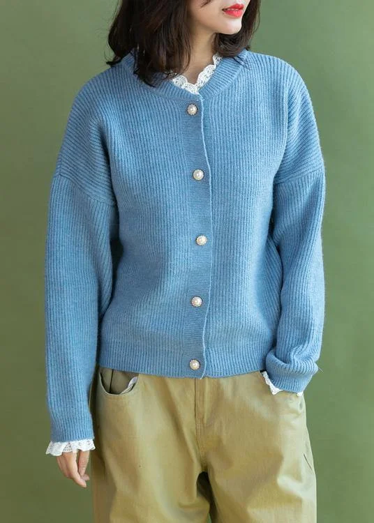 Chunky light blue sweater coat fall fashion ruffles collar sweaters