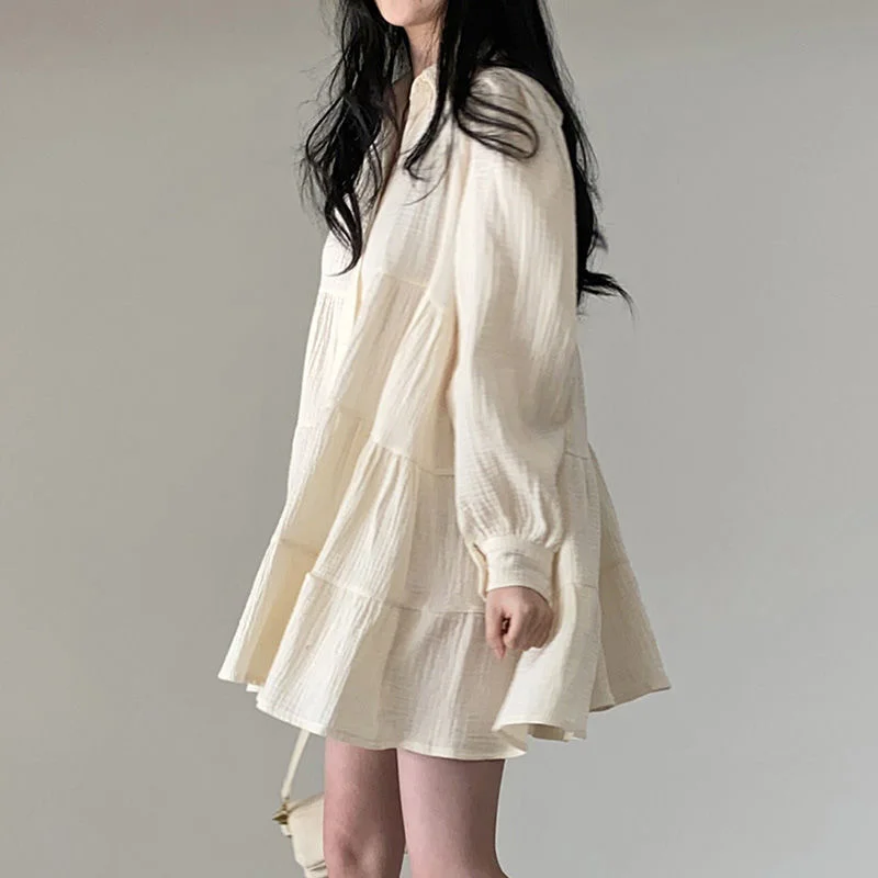 Brownm Brownm Chic Autumn Simple Temperament Folding Loose Shirt Dress Bubble Sleeve Short Doll Dress