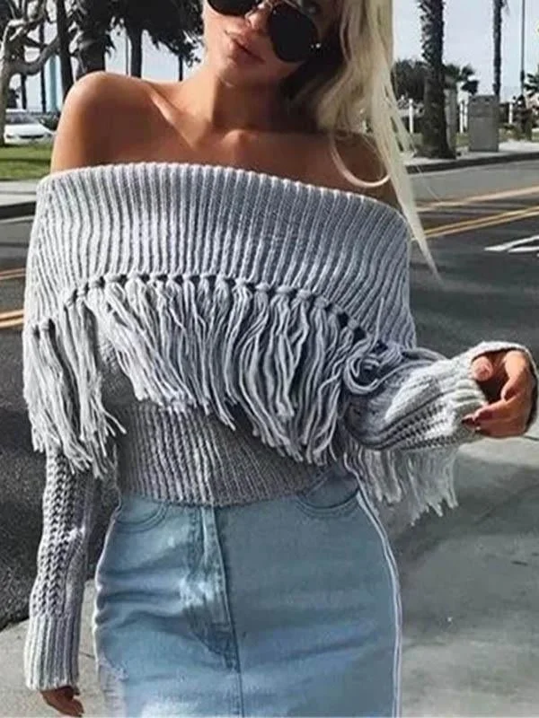 Fashion Tasseled Off-the-shoulder Long Sleeve Sweater Tops | EGEMISS