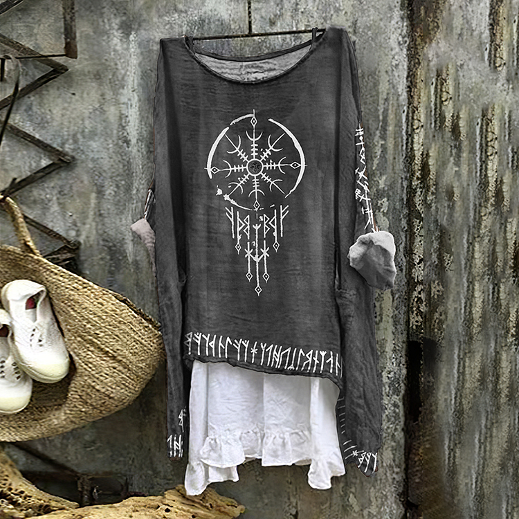 Wearshes Tribal Viking Totem Tie-Dye Printed Linen Blouse