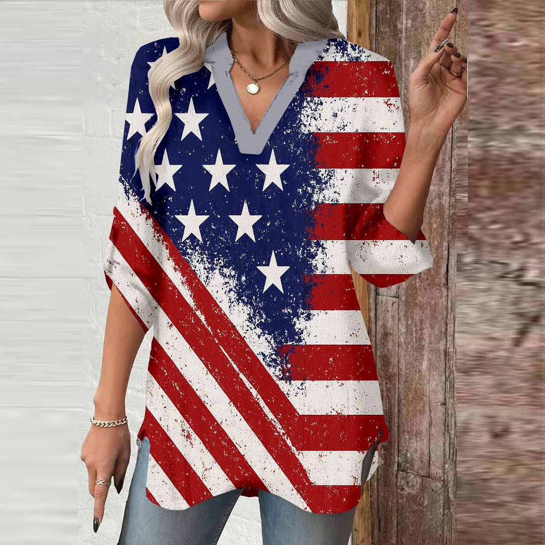 Women  Independence Day, Star, Striped, Blue, Red DZGA0247 3/4 Sleeve V-neck Printed Graphic Button Tops