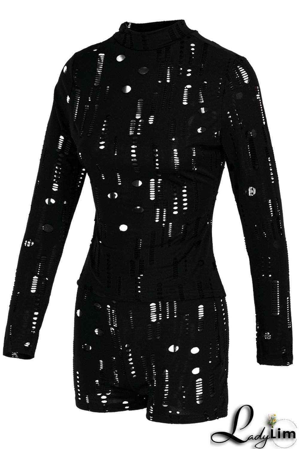 Black Fashion Sexy Solid Ripped Half A Turtleneck Long Sleeve Two Pieces