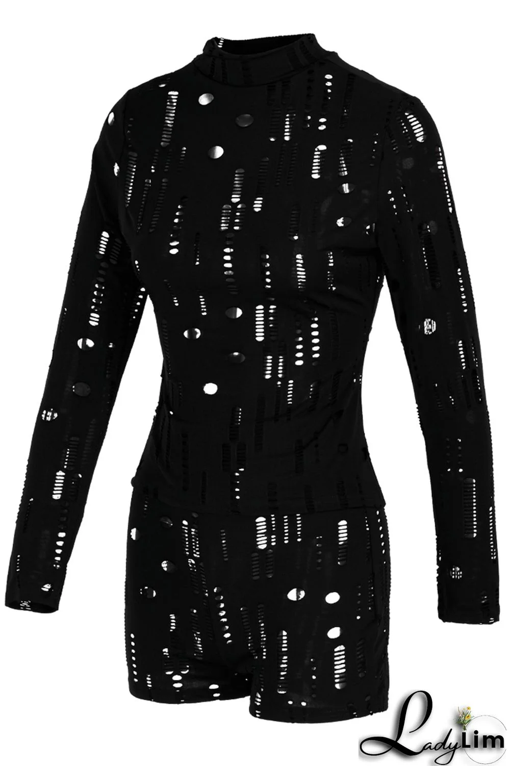 Black Fashion Sexy Solid Ripped Half A Turtleneck Long Sleeve Two Pieces