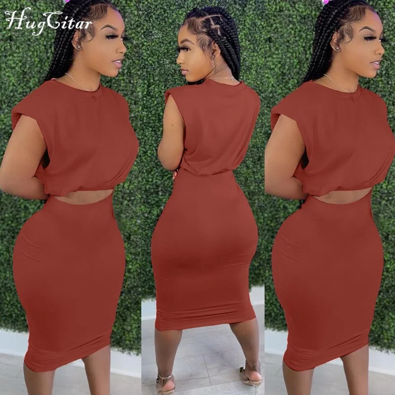 Hugcitar 2021 Short Flare Sleeve O-Neck Crop Top Sexy Skirt 2 Pieces Set Summer Women Streetwear Club Party Y2K Solid